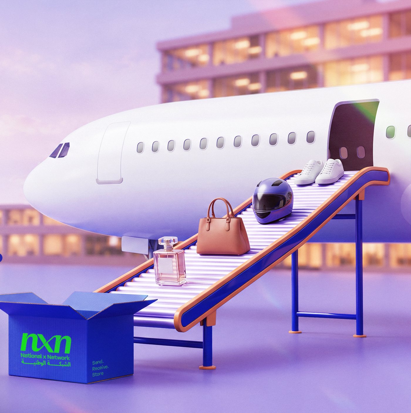 Products moving on a conveyor from an aircraft into an NXN delivery box