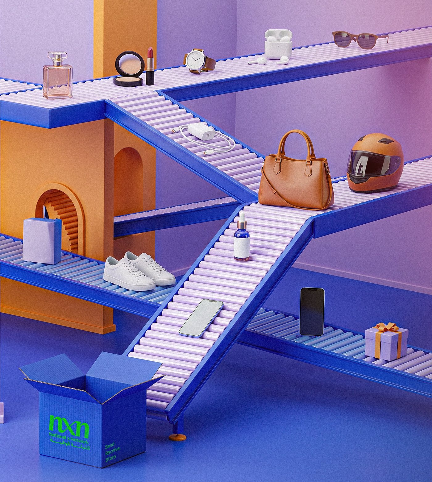 Products travelling along stacked conveyor belts into an NXN delivery box